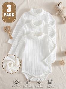 SHEIN Vintaside Kids 3件組乳白色嬰兒高領連身衣，四季爬行衣，新生兒長袖修身親膚柔軟 - 白色 - 查看 3