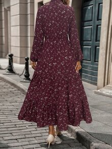 EMERY ROSE V-Neck Floral Print Casual Boho Versatile Long Sleeve Dress Maxi Women Outfit Holiday Vacation Dark Burgundy Autumn - Burgundy - View 2