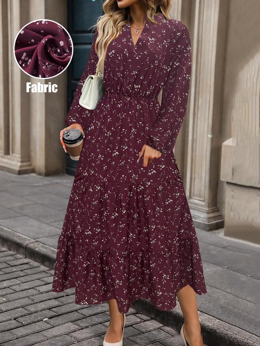 EMERY ROSE V-Neck Floral Print Casual Boho Versatile Long Sleeve Dress Maxi Women Outfit Holiday Vacation Dark Burgundy Autumn - Burgundy - View 1