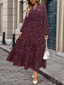 EMERY ROSE V-Neck Floral Print Casual Boho Versatile Long Sleeve Dress Maxi Women Outfit Holiday Vacation Dark Burgundy Autumn - Burgundy - View 6