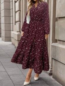 EMERY ROSE V-Neck Floral Print Casual Boho Versatile Long Sleeve Dress Maxi Women Outfit Holiday Vacation Dark Burgundy Autumn - Burgundy - View 7