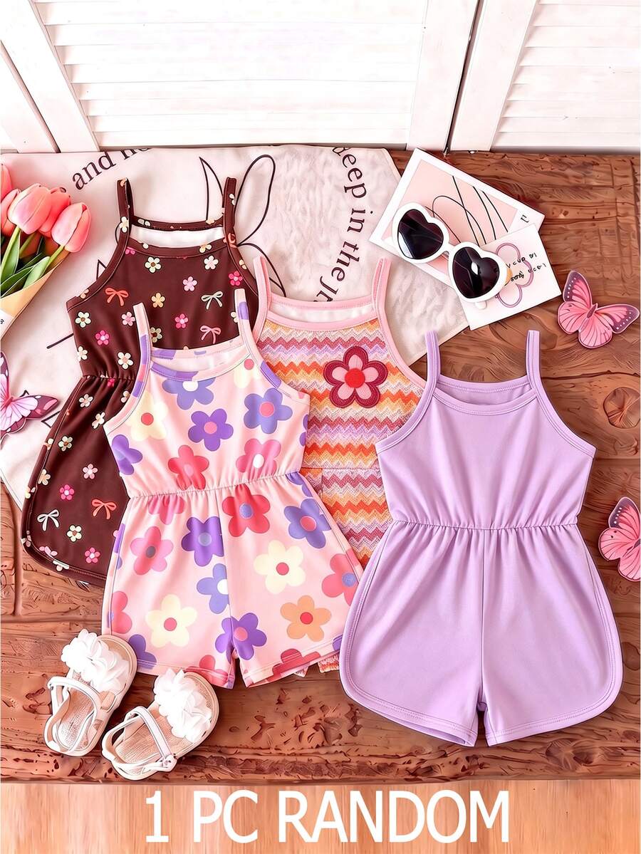 Baby Girl Summer New Style, 4-In-1 Randomly Sent, Baby Girl Summer New Style Spaghetti Strap Round Neck Casual Romper - Multicolor - View 1