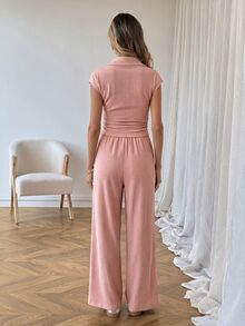 SHEIN LUNE 休閒女款 Polo 領短袖上衣與長褲 2 件套居家服 灰粉色 夏季 - 粉色 - 查看 2