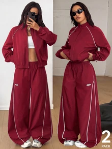 Coolane 女款落肩長袖前拉鍊夾克與寬腿褲運動服套裝 - 酒紅色 - 查看 4