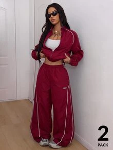Coolane 女款落肩長袖前拉鍊夾克與寬腿褲運動服套裝 - 酒紅色 - 查看 3