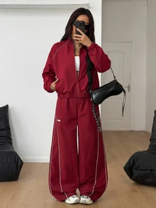 Coolane 女款落肩長袖前拉鍊夾克與寬腿褲運動服套裝 - 酒紅色 - 查看 7
