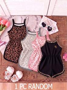 Random 1pc Summer Toddler Girl Leopard Print Spaghetti Strap Jumpsuit, New Casual Round Neck Romper For Baby Girls - Multicolor - View 1