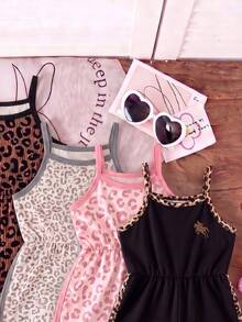 Random 1pc Summer Toddler Girl Leopard Print Spaghetti Strap Jumpsuit, New Casual Round Neck Romper For Baby Girls - Multicolor - View 3