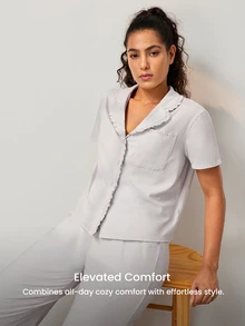 LUVLETTE Women Pajama Set Cotton Spandex Lapel Collar Short Sleeve Button Front Top & Straight Leg Pants Pocket Ruffle Edge Soft Loungewear - Grey - View 11