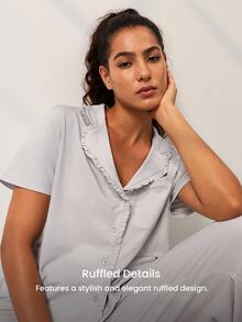 LUVLETTE Women Pajama Set Cotton Spandex Lapel Collar Short Sleeve Button Front Top & Straight Leg Pants Pocket Ruffle Edge Soft Loungewear - Grey - View 7