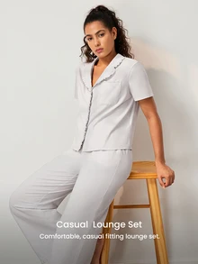 LUVLETTE Women Pajama Set Cotton Spandex Lapel Collar Short Sleeve Button Front Top & Straight Leg Pants Pocket Ruffle Edge Soft Loungewear - Grey - View 8