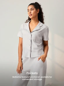LUVLETTE Women Pajama Set Cotton Spandex Lapel Collar Short Sleeve Button Front Top & Straight Leg Pants Pocket Ruffle Edge Soft Loungewear - Grey - View 4