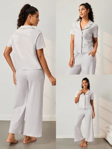 LUVLETTE Women Pajama Set Cotton Spandex Lapel Collar Short Sleeve Button Front Top & Straight Leg Pants Pocket Ruffle Edge Soft Loungewear - Grey - View 2