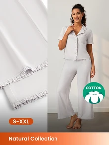 LUVLETTE Women Pajama Set Cotton Spandex Lapel Collar Short Sleeve Button Front Top & Straight Leg Pants Pocket Ruffle Edge Soft Loungewear - Grey - View 1