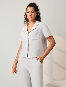 LUVLETTE Women Pajama Set Cotton Spandex Lapel Collar Short Sleeve Button Front Top & Straight Leg Pants Pocket Ruffle Edge Soft Loungewear - Grey - View 10