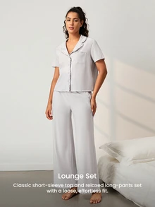 LUVLETTE Women Pajama Set Cotton Spandex Lapel Collar Short Sleeve Button Front Top & Straight Leg Pants Pocket Ruffle Edge Soft Loungewear - Grey - View 6
