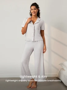 LUVLETTE Women Pajama Set Cotton Spandex Lapel Collar Short Sleeve Button Front Top & Straight Leg Pants Pocket Ruffle Edge Soft Loungewear - Grey - View 9