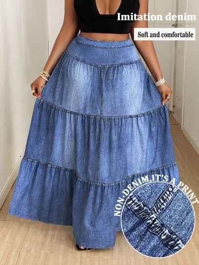 Maweii Plus Size Women's Elegant Casual Street Style A-Line Maxi Skirt With Faux Denim Wash Print, Spring/Summer Fall