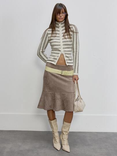 MUSERA Brown Faux Suede High Waist Flounce Hem Mermaid Skirt Autumn Cute Daily Girly Sweet Mischief