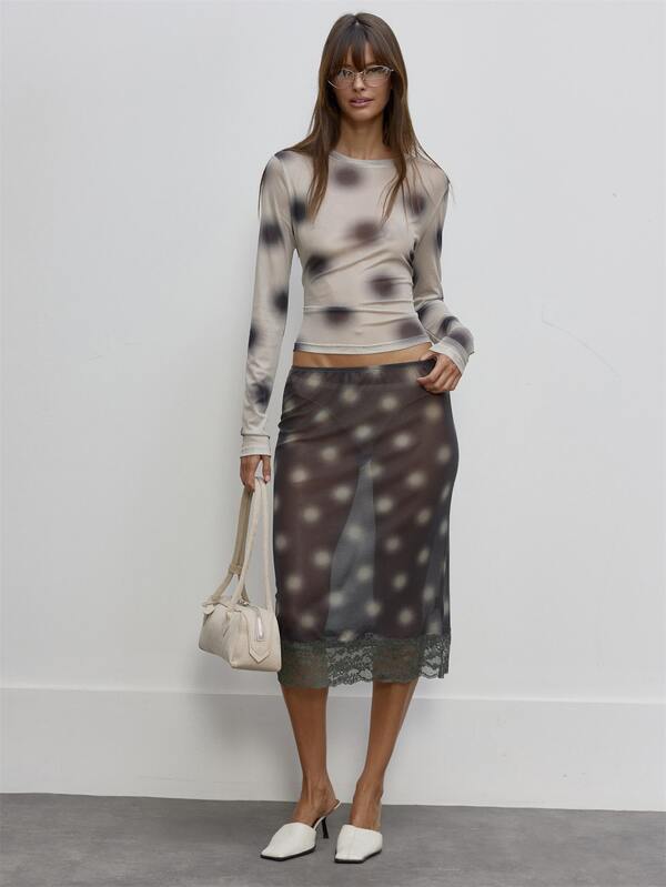 MUSERA Sheer Mesh Blurred Polka Dot Lace Trim Midi Skirt Autumn Cute Daily Girly Sweet Mischief