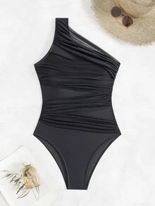 SHEIN Swim Summer Beach Women's Fashionable Ruffled Asymmetrical Shoulder One-Piece Swimsuit - Black - View 4