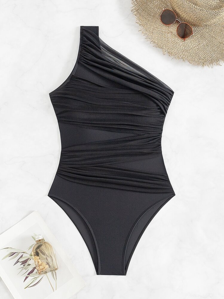 SHEIN Swim Summer Beach Women's Fashionable Ruffled Asymmetrical Shoulder One-Piece Swimsuit - Black - View 4