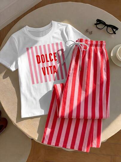 Comfortcana Women's Letter Print Round Neck Short Sleeve T-Shirt And Striped Contrast Color Drawstring Waist Pocket Long Pants 2-Piece Set