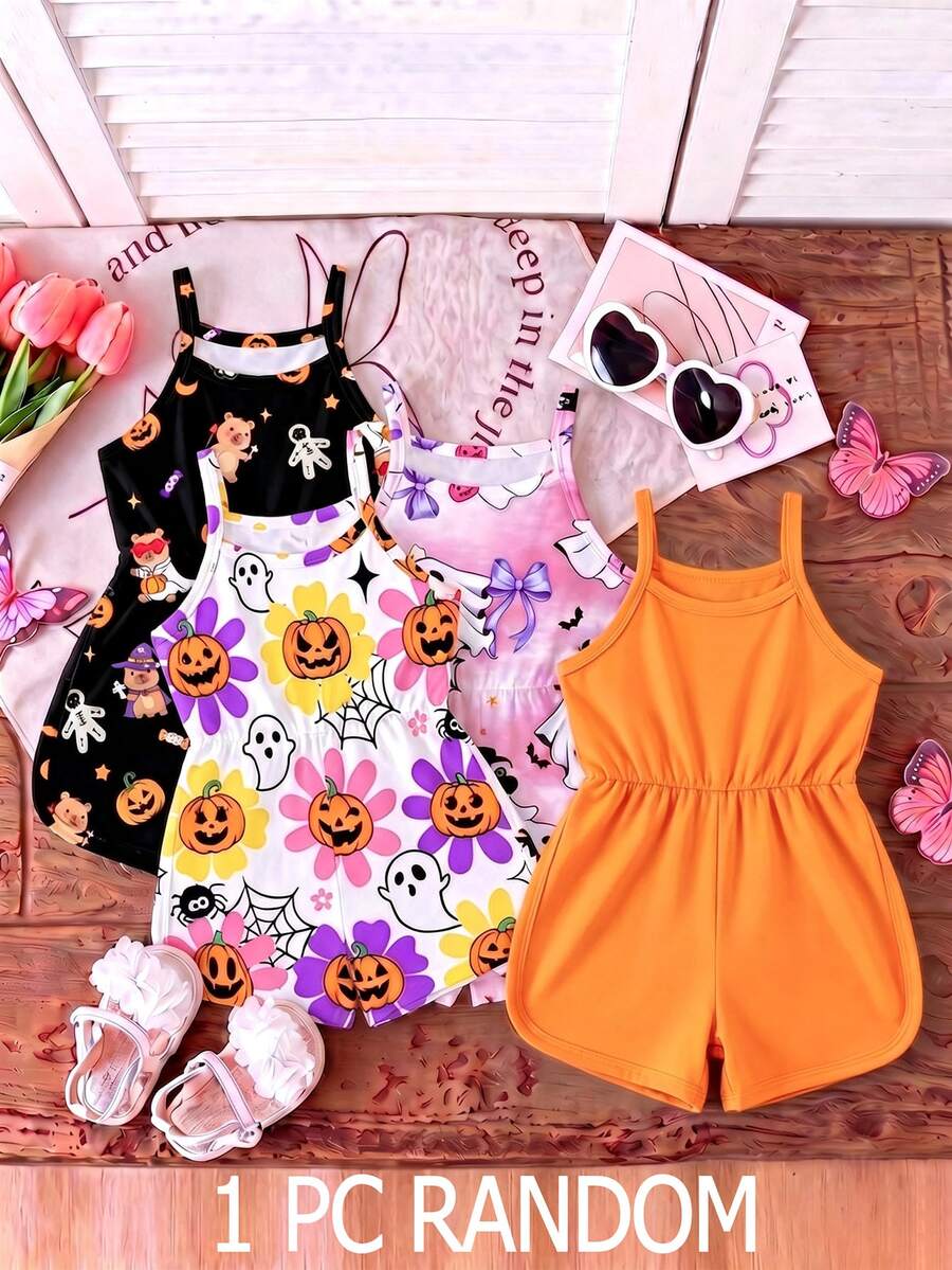 SHEIN 1 Random Piece Girls Halloween Spaghetti Strap Romper, New Summer Casual Crew Neck Short Romper For Toddler Girls - Multicolor - View 1