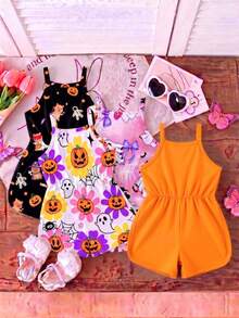 SHEIN 1 Random Piece Girls Halloween Spaghetti Strap Romper, New Summer Casual Crew Neck Short Romper For Toddler Girls - Multicolor - View 2