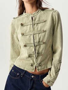 Bohemela Fall Women's Casual Solid-Color Woven Long-Sleeve Slim-Fit Washed Jacket, Napoleonic Jacket/Halloween/Country-Style/Vacation - Army Green - View 3