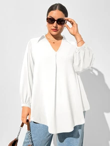 SHEIN Essnce 大尺碼女款絲滑白色V領長袖襯衫，秋季休閒寬鬆上衣，早午餐正式上衣，舒適鬆弛穿著，老錢風 - 白色 - 查看 7