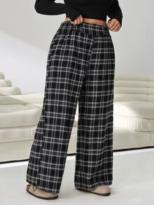 Solflare Plus Size Women's High Waist Plaid Wide Leg Loose Casual Nice 90s Elegant Long Pants Autumn Brunch Formal School College Office Black And White - Multicolor - View 4