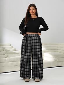Solflare Plus Size Women's High Waist Plaid Wide Leg Loose Casual Nice 90s Elegant Long Pants Autumn Brunch Formal School College Office Black And White - Multicolor - View 5
