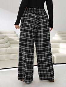 Solflare Plus Size Women's High Waist Plaid Wide Leg Loose Casual Nice 90s Elegant Long Pants Autumn Brunch Formal School College Office Black And White - Multicolor - View 3