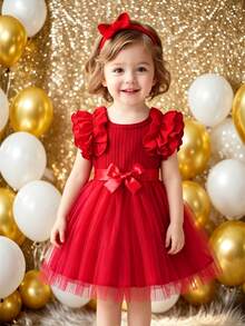 Glamorique Kids Baby Girl Cap Sleeve Rib Mesh Round Neck Princess Summer Dress With Belt - Red - View 2