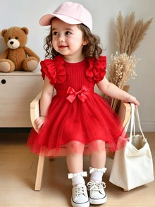 Glamorique Kids Baby Girl Cap Sleeve Rib Mesh Round Neck Princess Summer Dress With Belt - Red - View 5