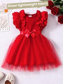 Glamorique Kids Baby Girl Cap Sleeve Rib Mesh Round Neck Princess Summer Dress With Belt - Red - View 4