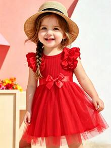 Glamorique Kids Baby Girl Cap Sleeve Rib Mesh Round Neck Princess Summer Dress With Belt - Red - View 9