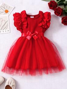Glamorique Kids Baby Girl Cap Sleeve Rib Mesh Round Neck Princess Summer Dress With Belt - Red - View 8