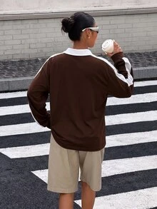 Muchica 女款休閒街頭風秋季運動長袖上衣，拼色V領數字圖案印花寬鬆運動T恤，日常外出穿搭，棕色 - 咖啡棕 - 查看 2