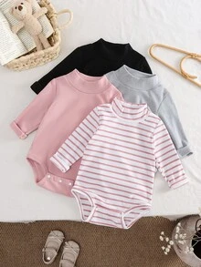 SHEIN Vintaside Kids 女嬰連身褲內搭上衣，可愛粉灰色羅紋粉色條紋黑色長袖小立領，常規百搭秋季疊穿可愛套裝 - 彩色 - 查看 11