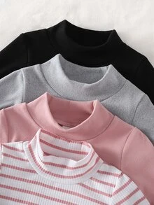 SHEIN Vintaside Kids 女嬰連身褲內搭上衣，可愛粉灰色羅紋粉色條紋黑色長袖小立領，常規百搭秋季疊穿可愛套裝 - 彩色 - 查看 7