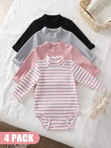 SHEIN Vintaside Kids 女嬰連身褲內搭上衣，可愛粉灰色羅紋粉色條紋黑色長袖小立領，常規百搭秋季疊穿可愛套裝 - 彩色 - 查看 4