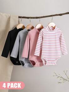 SHEIN Vintaside Kids 女嬰連身褲內搭上衣，可愛粉灰色羅紋粉色條紋黑色長袖小立領，常規百搭秋季疊穿可愛套裝 - 彩色 - 查看 10