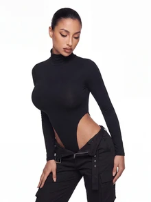 SHEIN ICON Fitted Turtleneck High-Cut Bodysuit - Black - View 4
