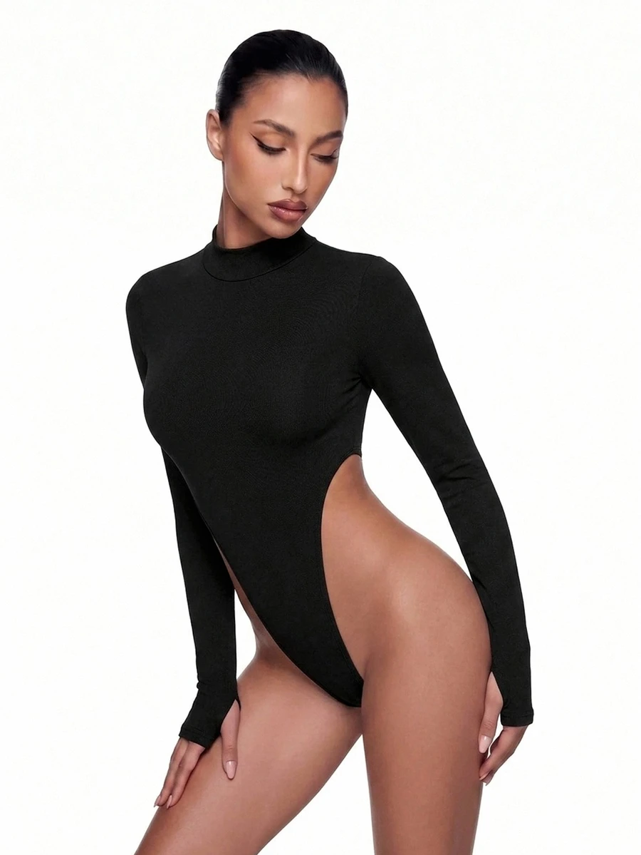 SHEIN ICON Fitted Turtleneck High-Cut Bodysuit - Black - View 1