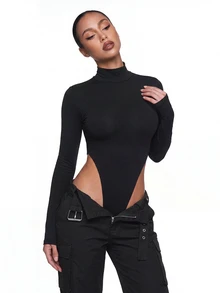 SHEIN ICON Fitted Turtleneck High-Cut Bodysuit - Black - View 5