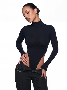 SHEIN ICON Fitted Turtleneck High-Cut Bodysuit - Black - View 6