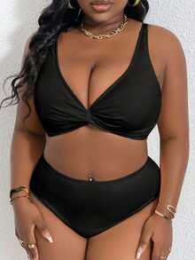 Slaydiva 2pcs/Set Women Plus Size Solid Color Adjustable Strap Tankini Swimwear Set, Fashionable Casual Holiday Beach Style - Black - View 4