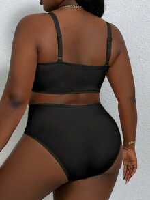 Slaydiva 2pcs/Set Women Plus Size Solid Color Adjustable Strap Tankini Swimwear Set, Fashionable Casual Holiday Beach Style - Black - View 2